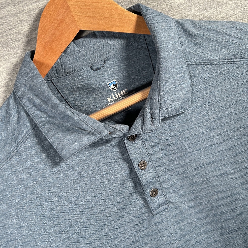Kuhl AirKuhl Polo Shirt Mens M Blue Stretch Tech Performance Hiking Outdoor Sun